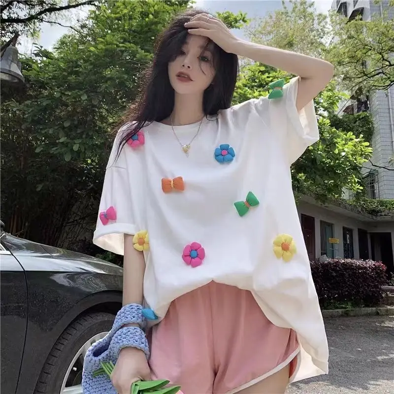 

Summer Casual Korean Bright Line Decoration Short Sleeve T-Shirts Female Korean Loose Mid Length Top Simplicity O-neck Top Tee