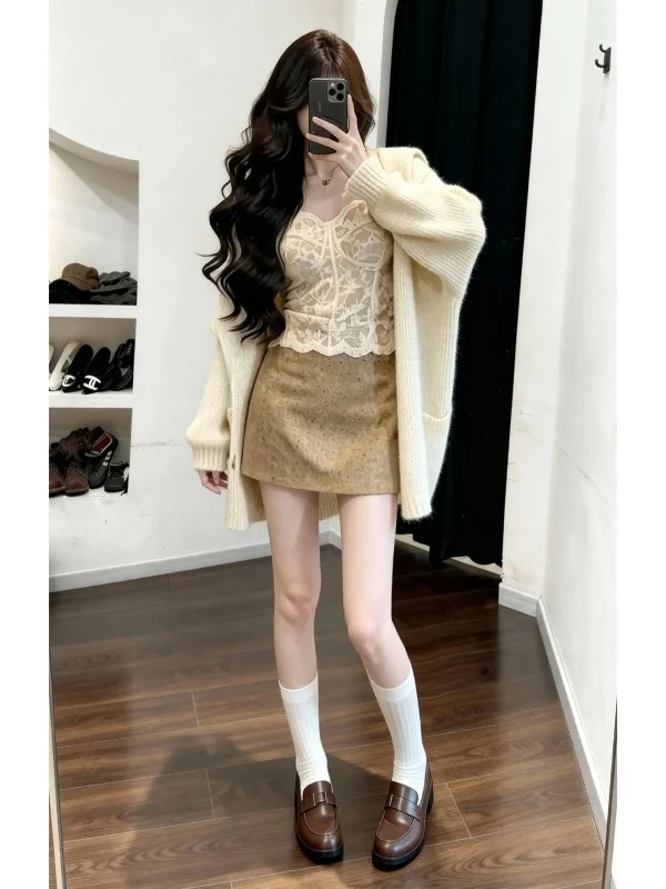 

Korean Sle Gentle Series Women's Hat Knitted Outerwear ter Spring Set New f Skirt Trendy Faion Ensemble Casual Wear