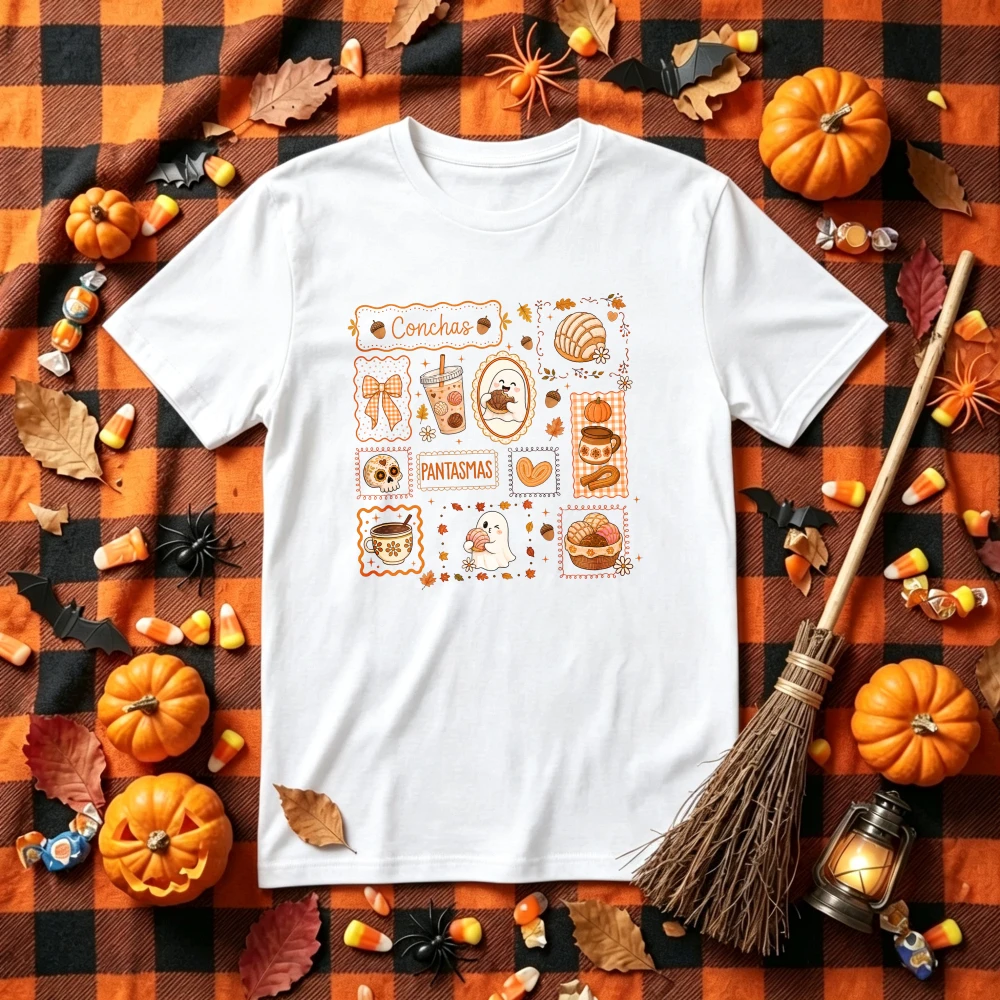 Cozy Fall Halloween Treats Graphic T‑Shirt Cute Ghost Coffee Pastry Pumpkin Dessert Collage Print Short Sleeve Tees Casual Tops