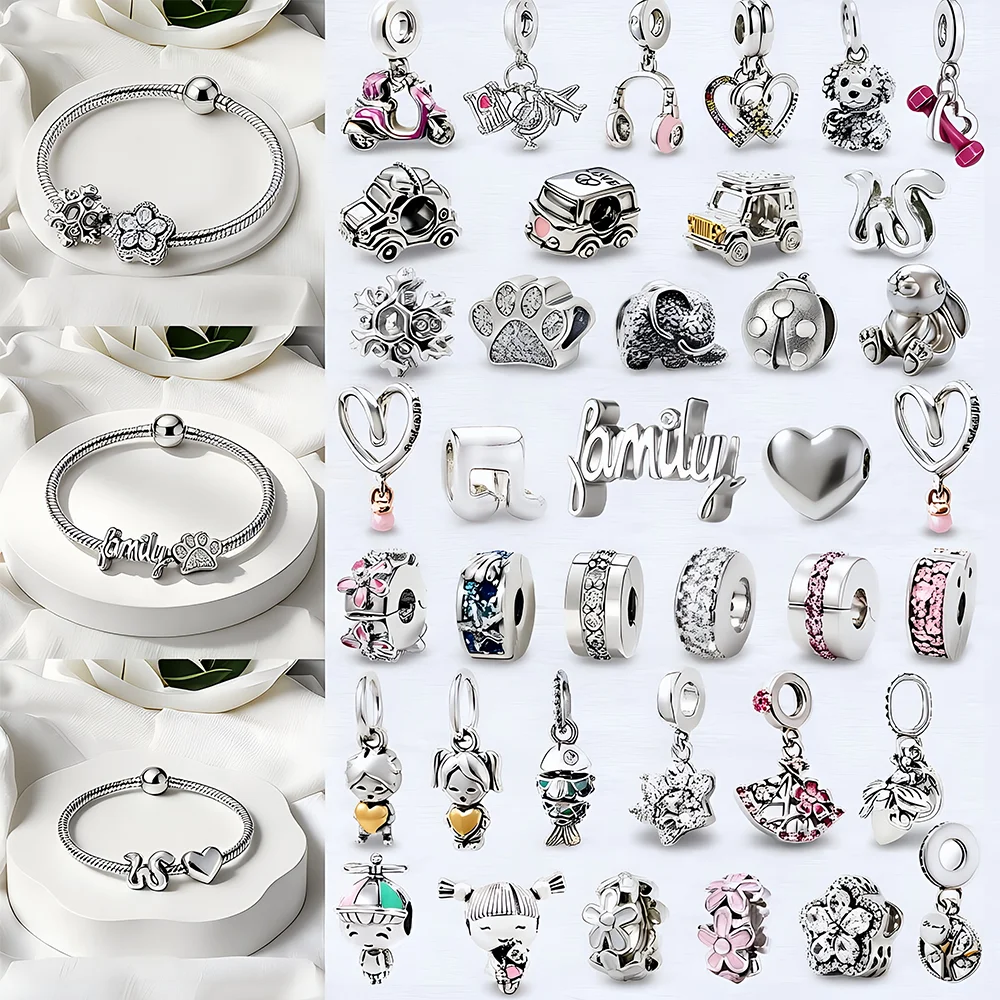 

DIY Silver Vintage Car Cute Claw Print Simple Character Flower Charm Bead Fit Original Snake Bone Bracelet Exquisite JewelryGift