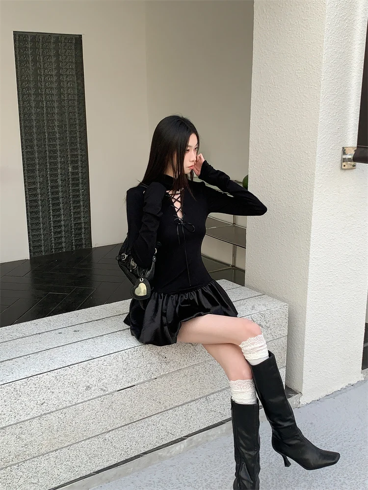 Abito da ballo corto nero gotico con bocciolo corto per donna Mini abiti corti con fasciatura montata sul collo stile punk vintage Party Night Vestido