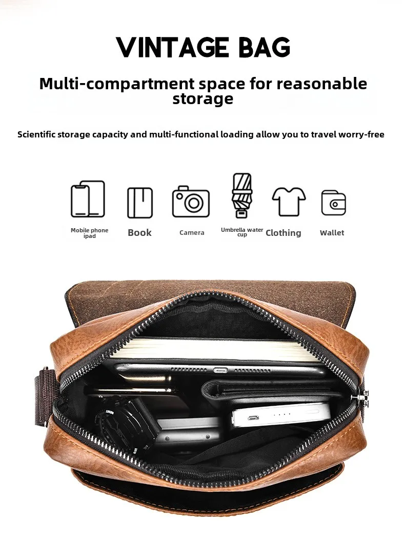 New Men's Retro Waterproof, Wear-resistant, Casual Crossbody Bag PU Leather Solid Color Large Capacity Versatile Shoulder Bag