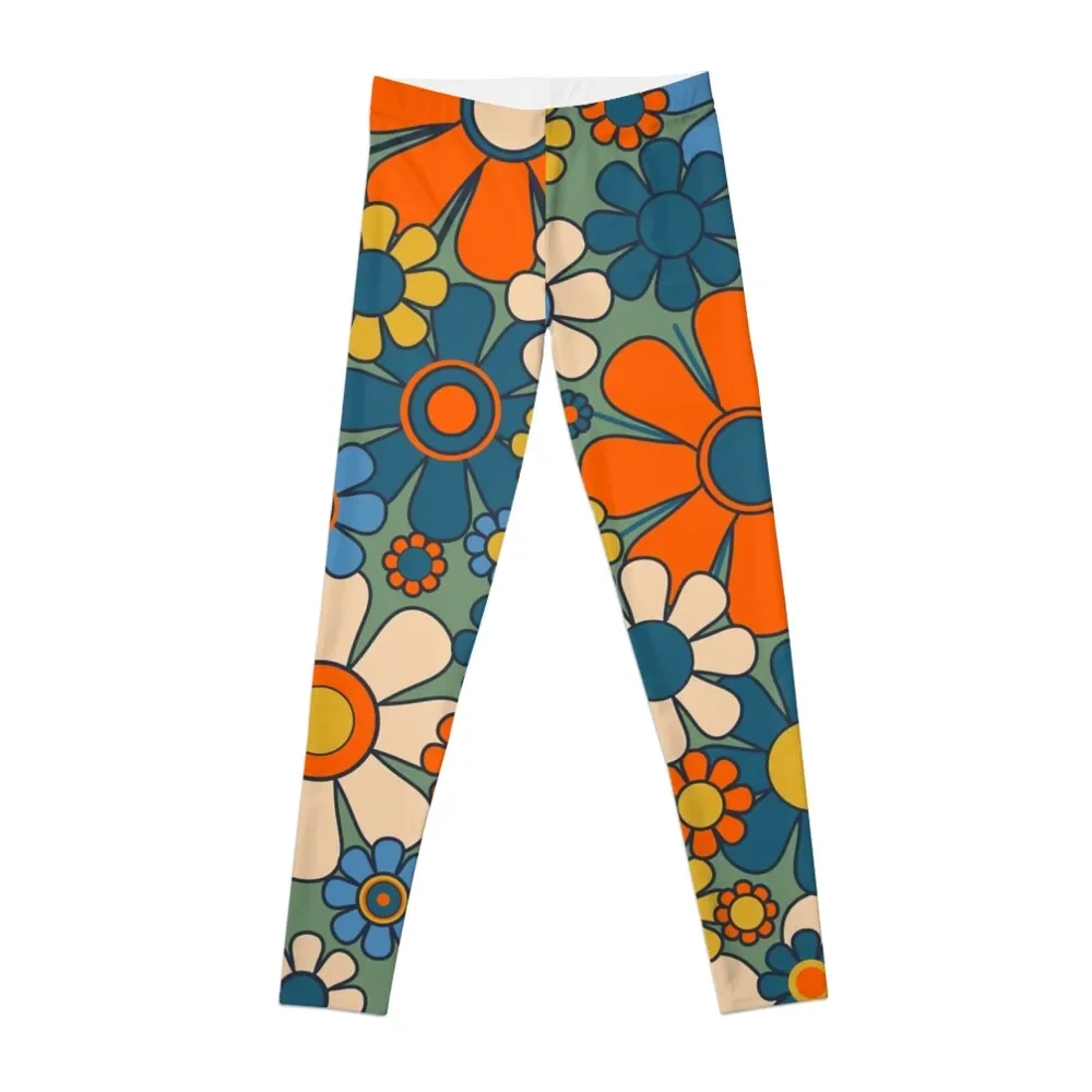 

Retro Garden Flowers Groovy Multicolor 60s 70s Floral Pattern Green Blue Orange Mustard Leggings sports for Womens Leggings