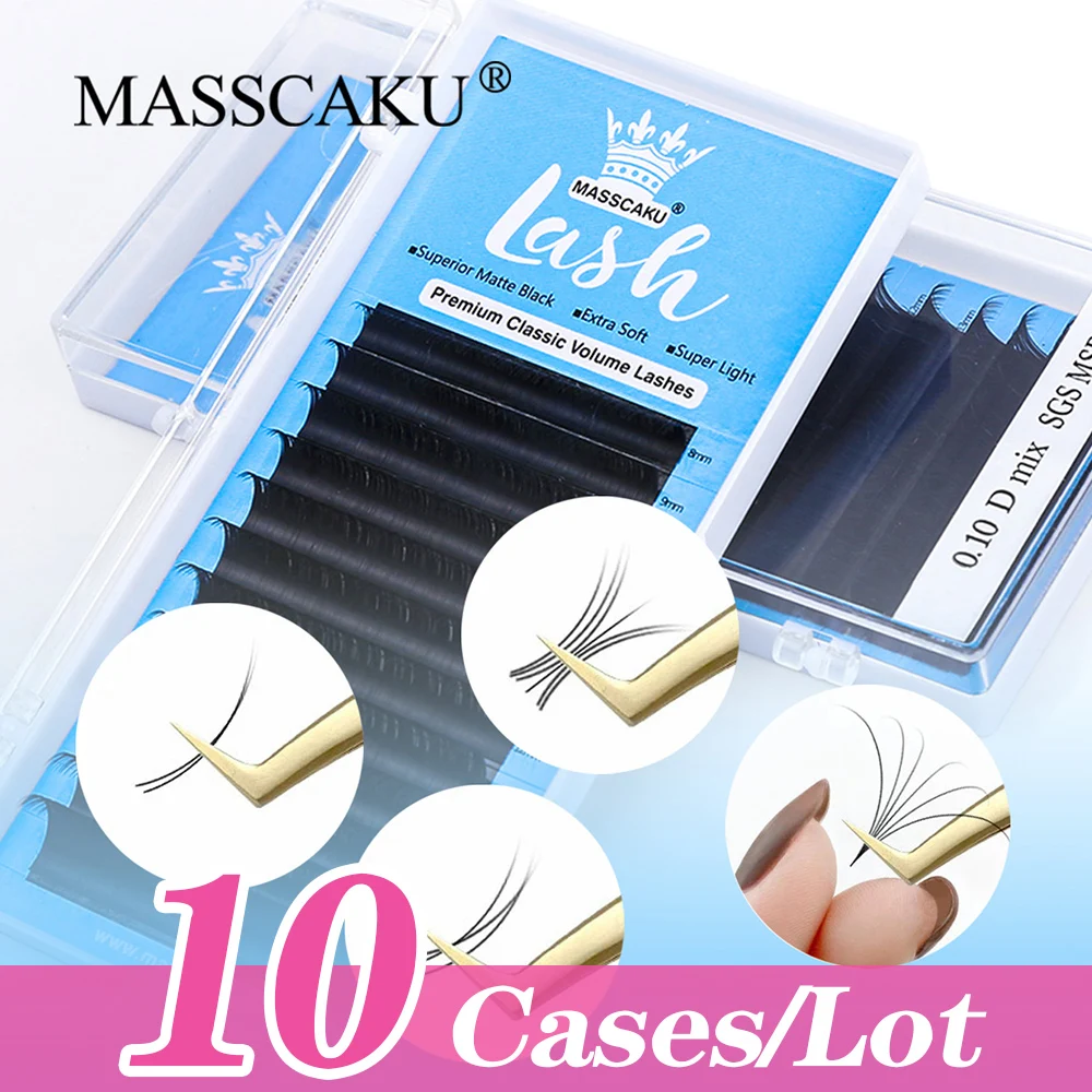 MASSCAKU 10cases/lot 12Rows High Quality Eyelash Extension Matte Professional Faux Black Fluffy Classic Volume Eyelashes