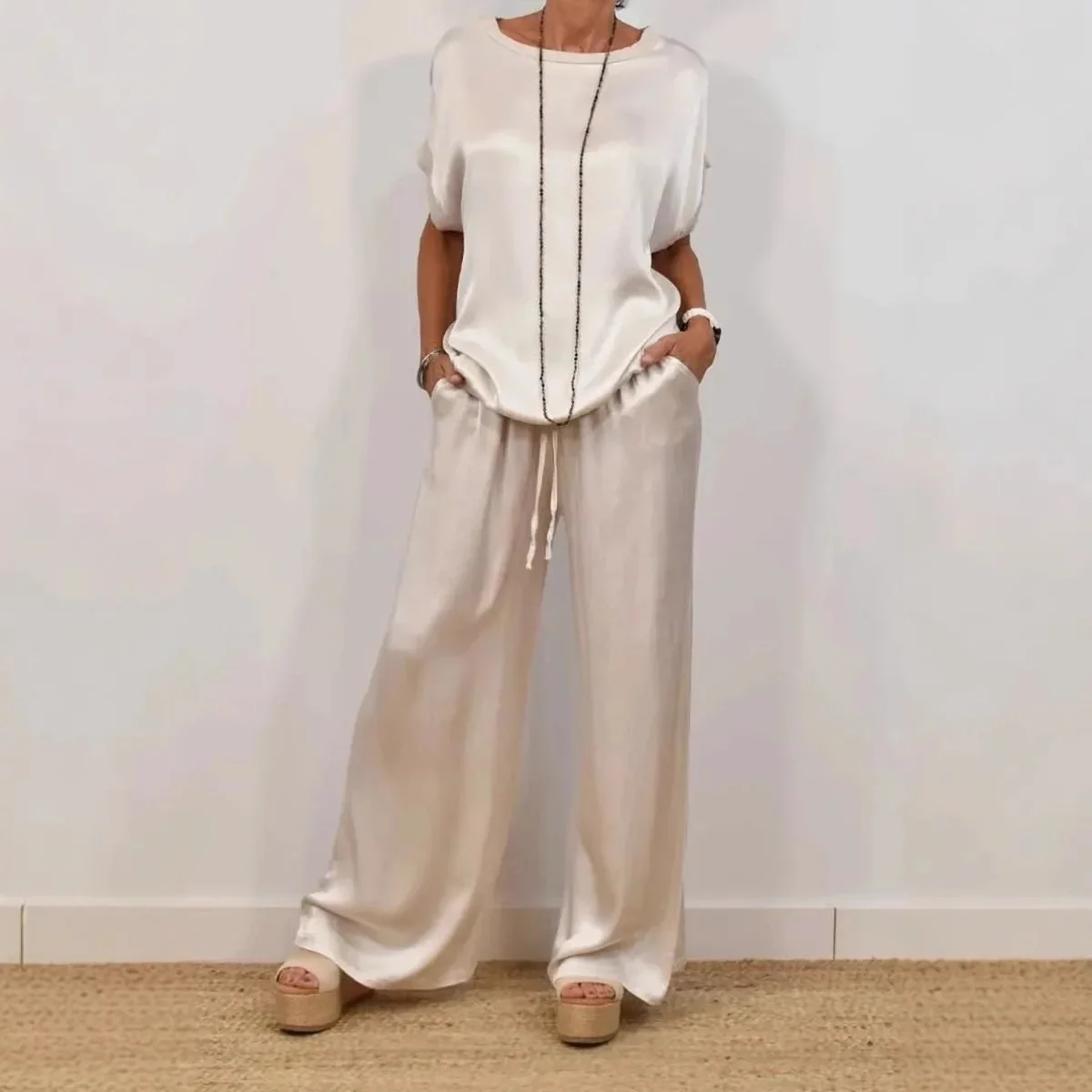 Women's Satin Ribbon Sets Two 2 Pcs Sale Casual Short Sleeve T-shirts& High Waist Loose Wide Leg Pant Suits YBFFZ-W0798