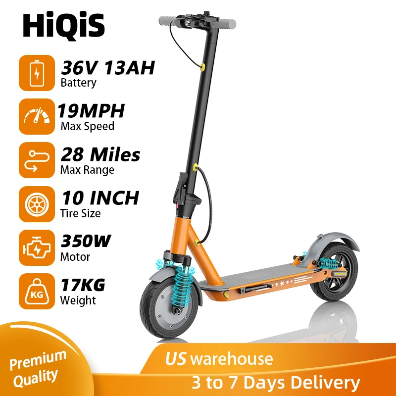 

Электросамокат HiQiS V9 Pro с аккумулятором 13 Ач, двигателем 350 Вт, передними и задними амортизаторами, электронным и барабанным тормозами для городских поездок и походов