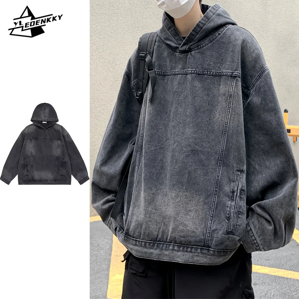 Denim Hooded Sweatshirts Men Women Washed Distressed Oversize Cowboy Jackets Retro Loose Cargo Coats Spring Autumn Casual Tops