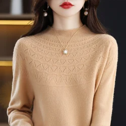 New 100% pure wool single-thread ready-to-wear hollow women's pullover semi-high collar cashmere sweater solid color