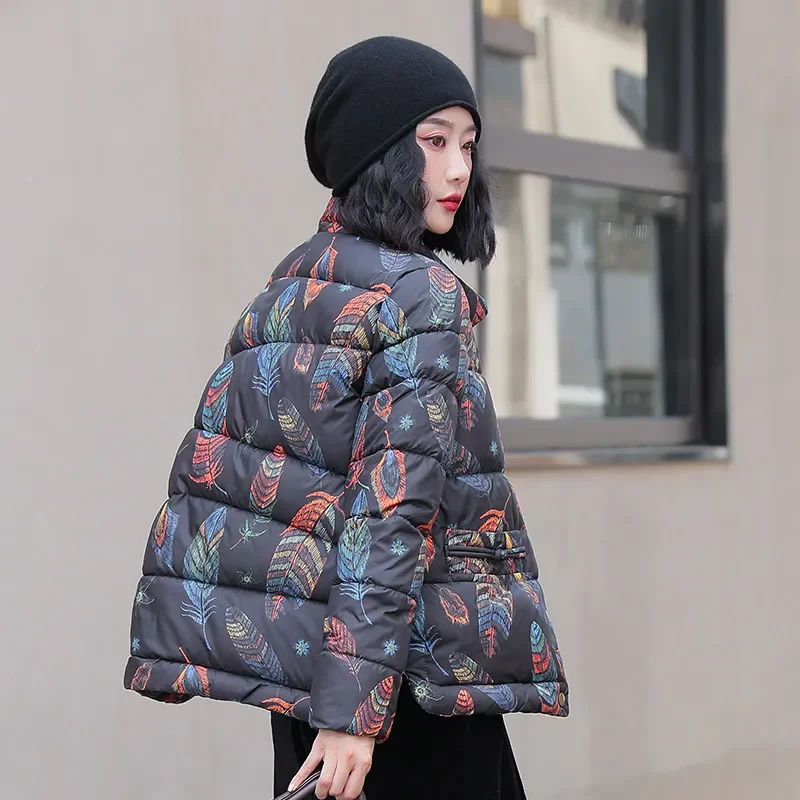 الوقوف طوق الخريف الشتاء العرقية نمط المرأة معطف القطن ملابس طويلة الأكمام وسادة مبطنة الإناث