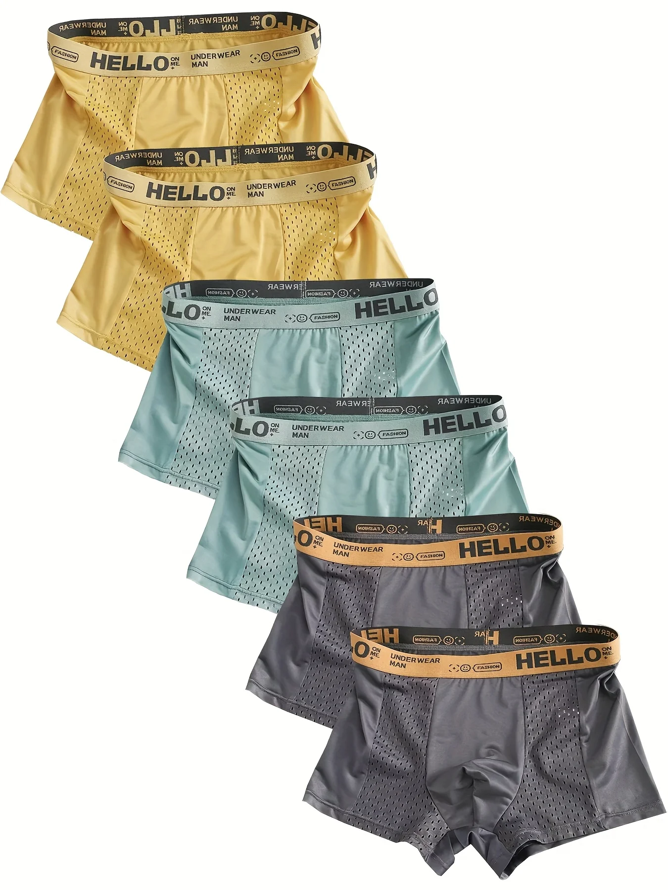

6-Pack Men's Ice Silk Semi-Mesh Boxers - "HELLO" Waistband, Breathable Variety