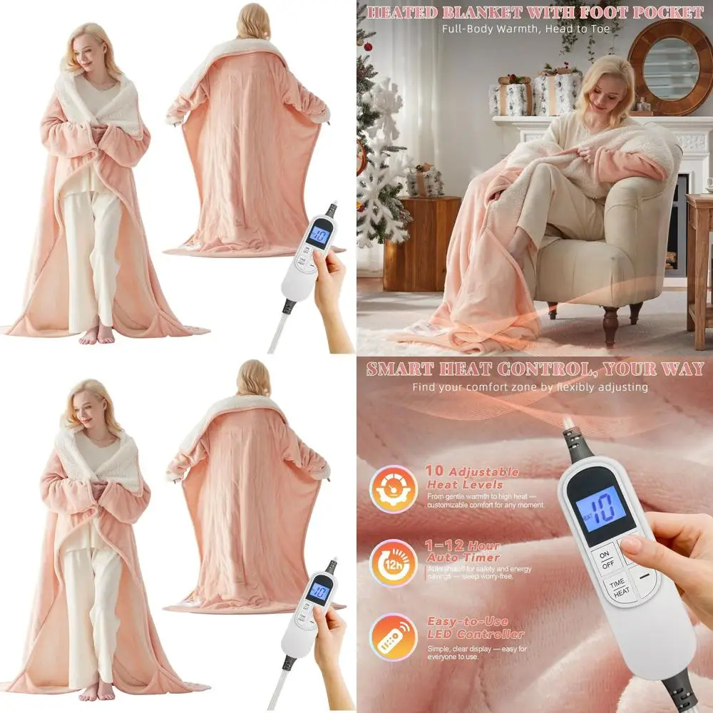 

Heated Wearable Blanket with Foot and Sleeve Pockets, 10-Setting Flannel Sherpa Throw, Auto-Off, Pink, 50x70