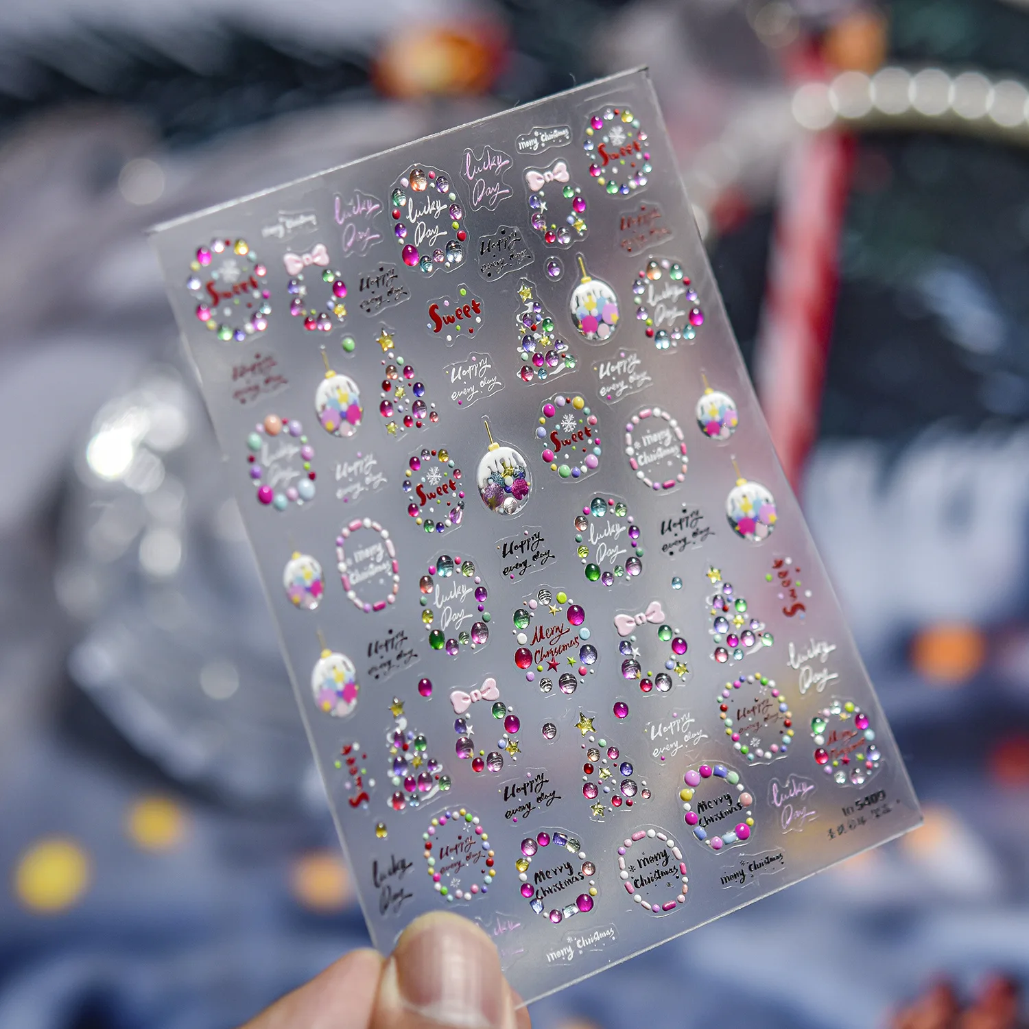 귀여운 꿈같은 크리스마스 컬러풀 볼 트리 리본 고품질 겨울 파티 네일 스티커 아트 장식 디자인 T-5409