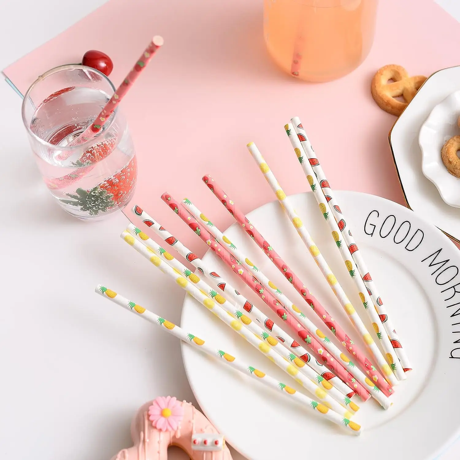 100 Pcs/Box Party Fruit Paper Straws,Green Red Yellow Lemon Pineapple Watermelon Cherry Strawberry Apple Kiwi Coconut Juice Bar