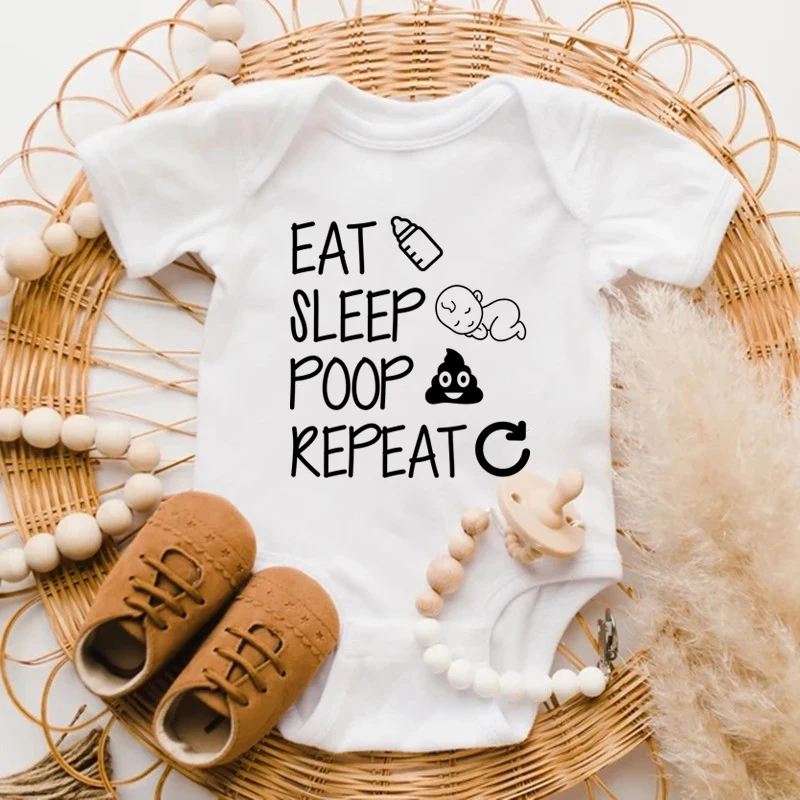 Cotton Baby Bodysuit Short Sleeve Letter Print Eat Sleep Poop Repeat Newborn Onesie Infant Daily Outfit Baby Shower Photo Prop