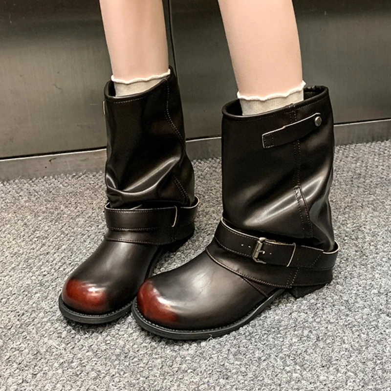 

2025 New Women Knee High Boots Fashion Ankle Boots Heeled Shoes Winter Chelsea Leather Shoes Retro Goth Woman Botas Zapatillas