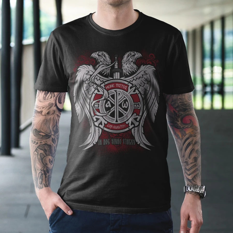 Double-headed Eagle Constantine Cross Alpha and Omega Christian T-Shirt New 100% Cotton O-Neck Short Sleeve Casual Mens T-shirt