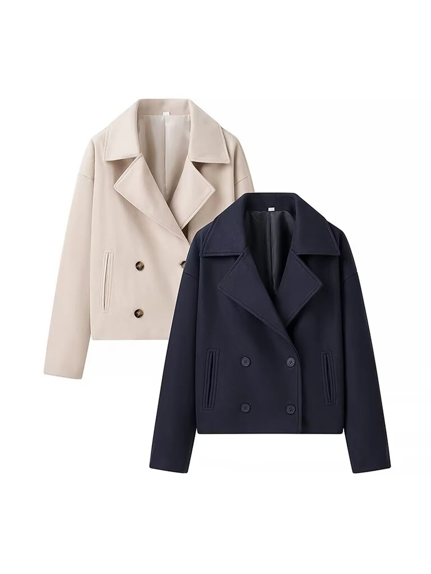 

Женская темно-синяя осенняя шерстяная куртка, пальто Harajuku, уличная укороченная куртка с длинными рукавами, винтажная верхняя одежда, одежда 2000-х годов, 2025 г.