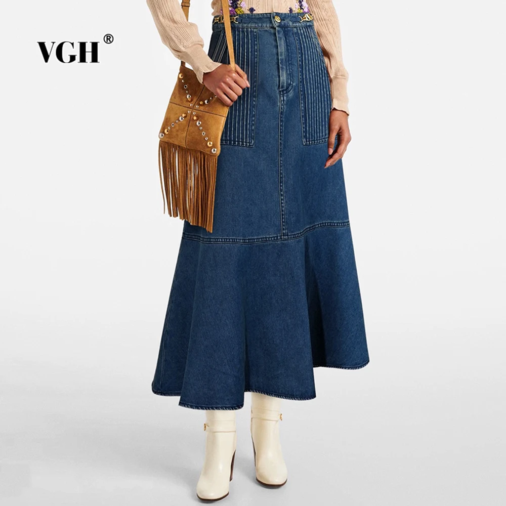 

VGH Vintage Spliced Folds Hem Skirts for Women High Waist Patchwork Metal Button Temperament Midi Legnth Denim Skirt Female New