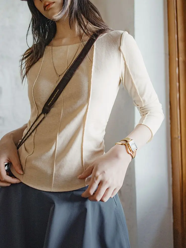 Maden Slim Fit Long Sve Strick-T-Shirt, tailliertes, oulderlanges Sommer-Top für Damen, atmungsaktiv, feuchtigkeitsbeständig