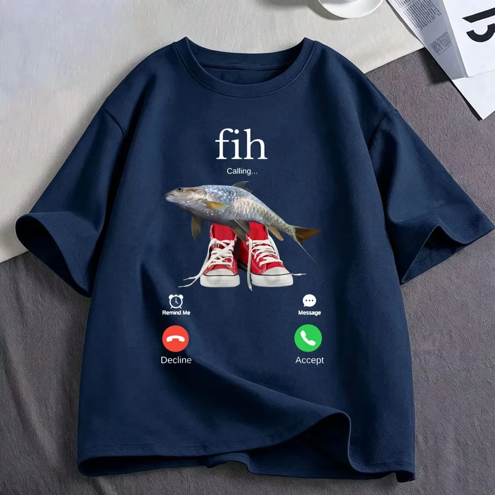 Fih Calling Shoes Funny Fish Meme Graphic T Shirts Men's Women Clothing Fashion Cotton Casual Short Sleeve T-shirts Streetwear