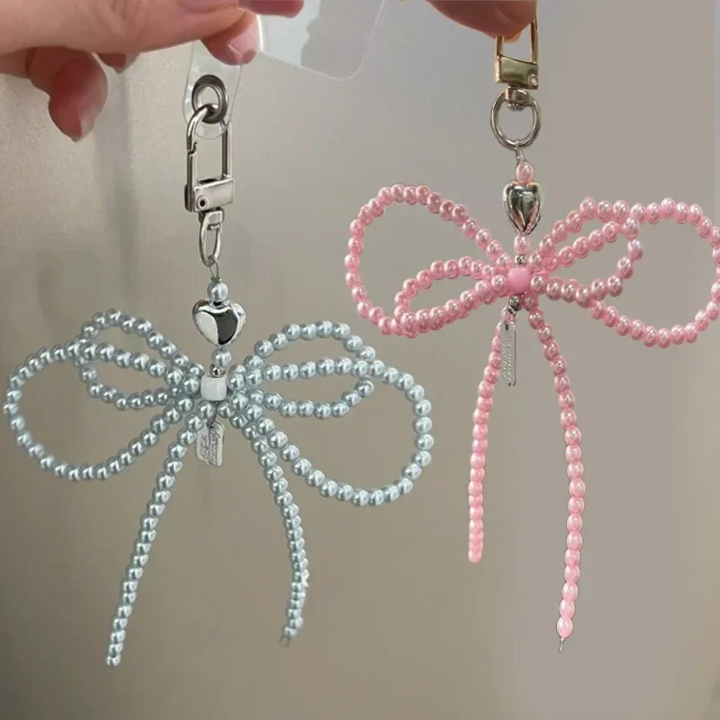 1/4Pcs Elegant Pearls Bowknot Keychain Girls Double Layer Beaded Bow Pendant Bag Hanging Decoration Mobile Phone Key Rings