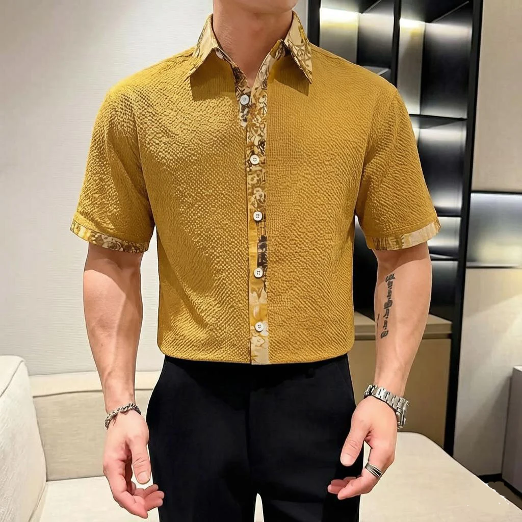 Summer Elegant British Style Short Sleeve Men Shirts Business Casual Patchwork Buttons Up Man Dress Shirt Fashion Mens Clothing