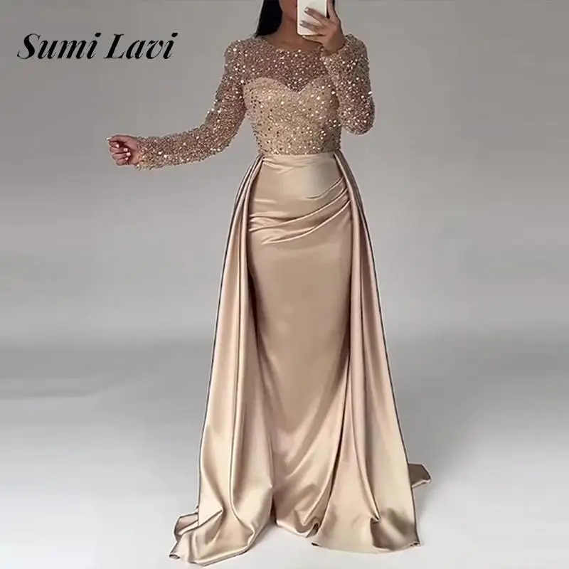 Women Fashion Sequin Patchwork Evening Dress Elegant O-neck Long Sleeve Pleat Solid Long Dress Sexy Hight Waist Slim Party Dress