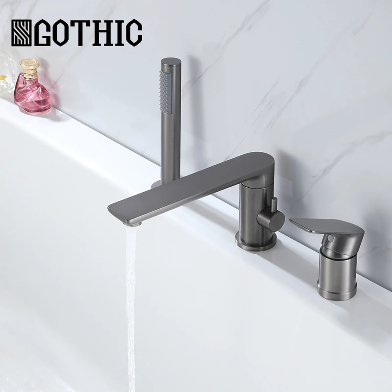 

Gun Gray Bathtub Faucet Waterfall Three-Hole Cylinder Side Toilet Hot&Cold Water Bath Tub Tap Split Sitting Shower Simple Black