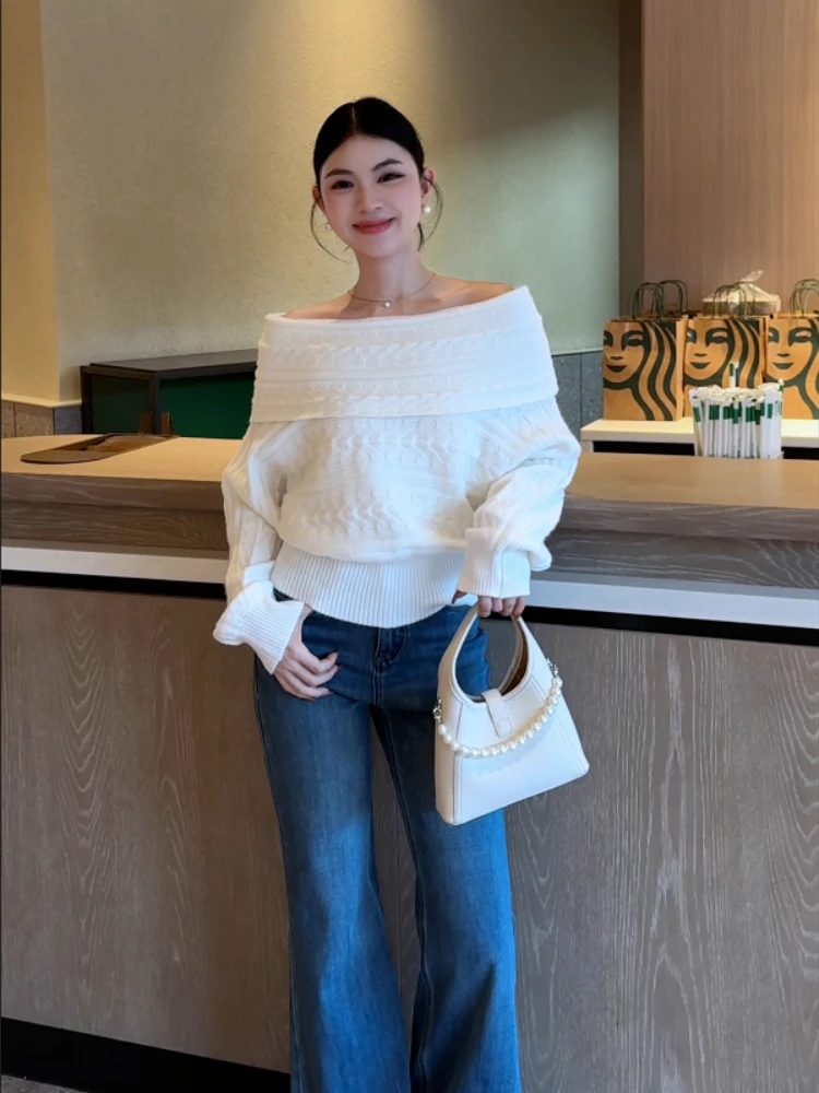 Autumn and Winter Fashion New Women's Elegant Knitted Korean High End One Shoulder Hoodie Warm Cashmere Thick Sweater