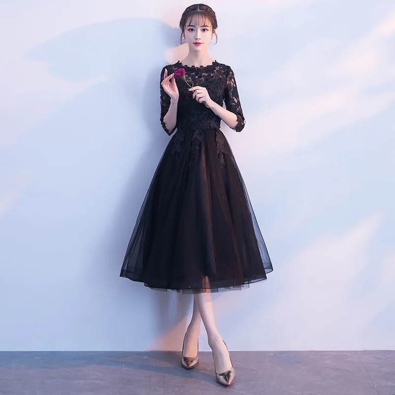 Banquet Evening Dress2025New Style Front Short Back Long Elegant Party Gathering Dress Black Evening Gown Wholesale