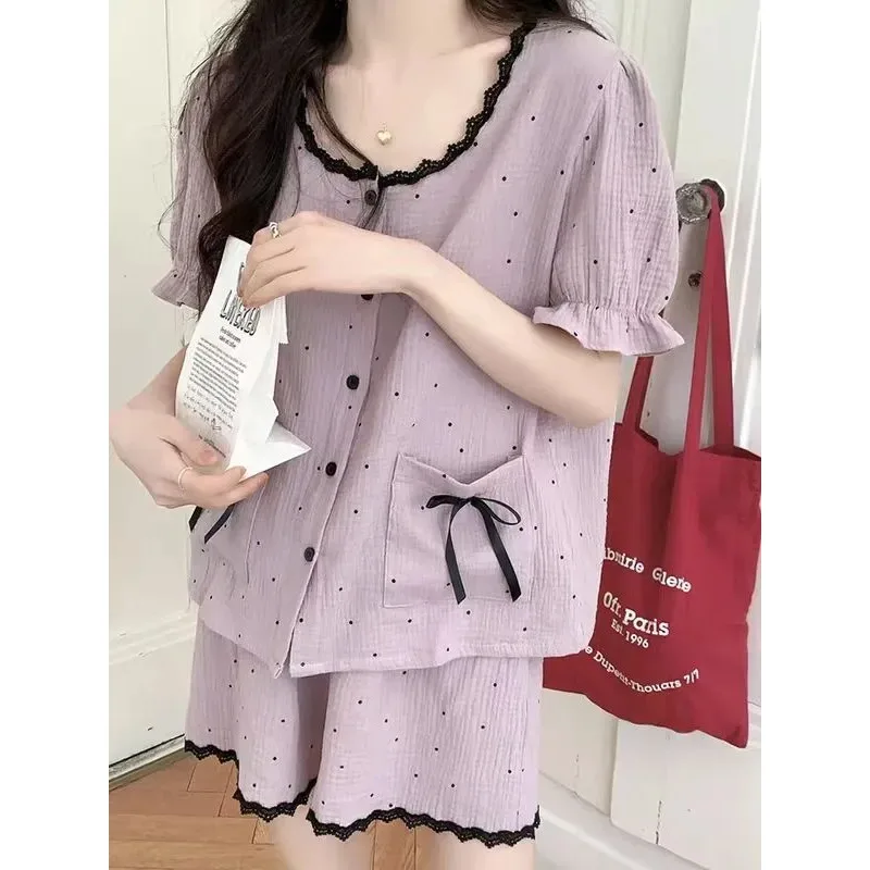 

Women's Korean Cute Dot Bowknot Short Pajama Sets Lady Cozy Tops Pants Two Piece Suits New Sleep Clothihng Homewear Female