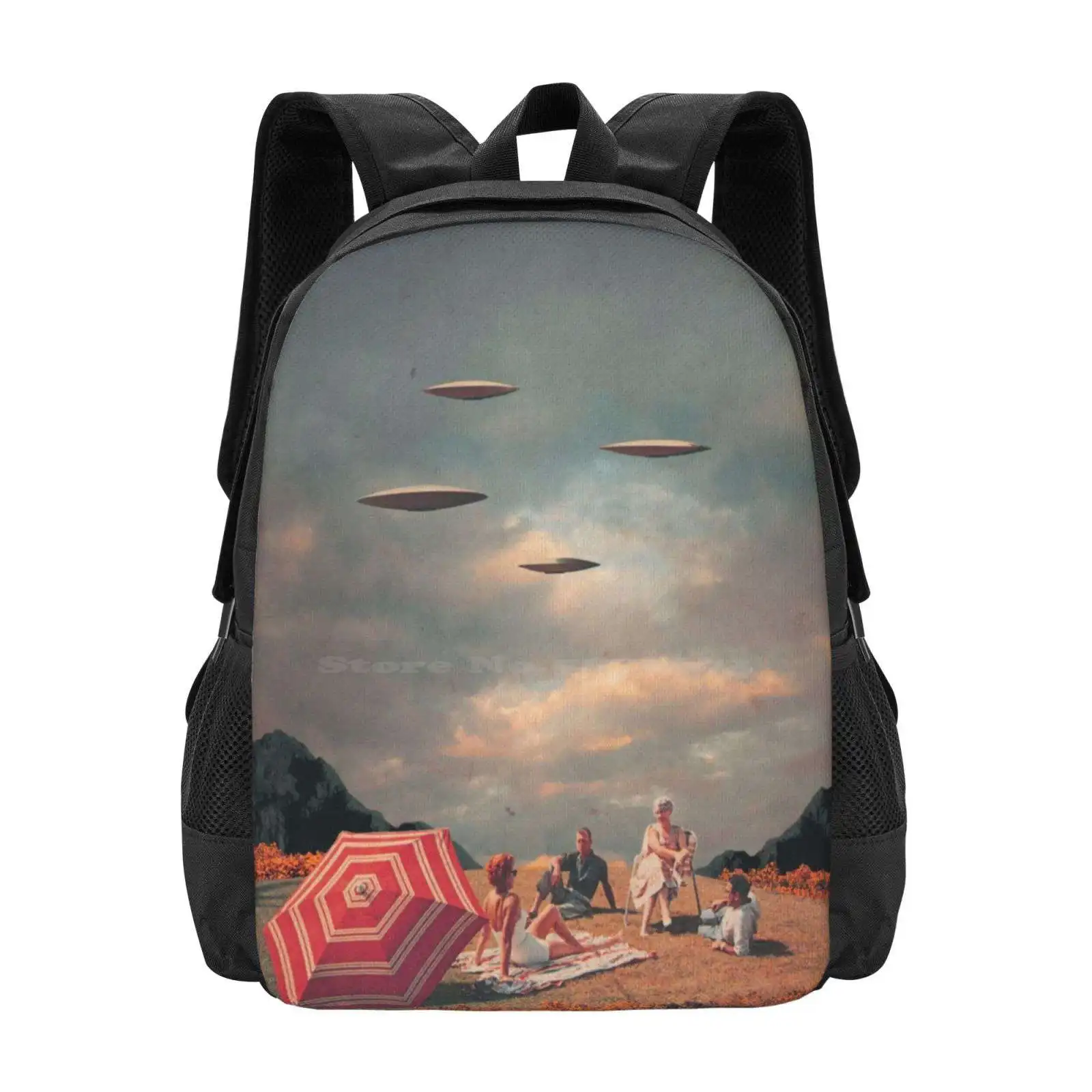 Pretend They Never Came School Bags Travel Laptop Backpack Frank Moth Vintage Digital Collage Retro Future Sci Fi Summer Beach