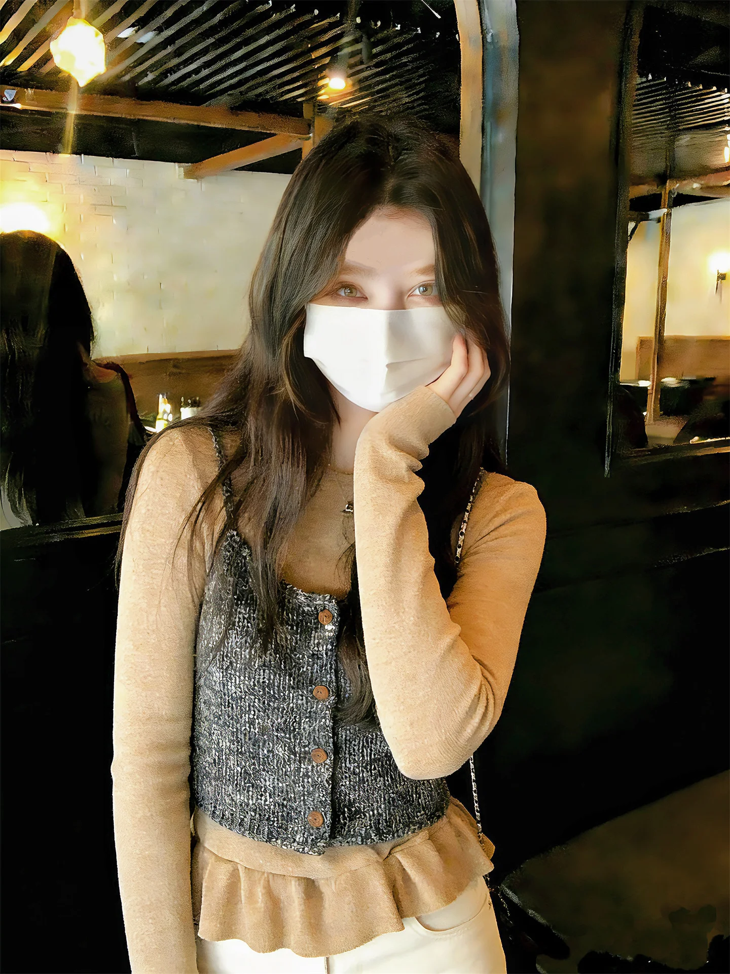 Damska długa bluzka z okrągłym dekoltem, bazowa, codzienna, dopasowana, dzianinowa, zdobiona perłami, do noszenia pod spód, jesień-zima, nowa...