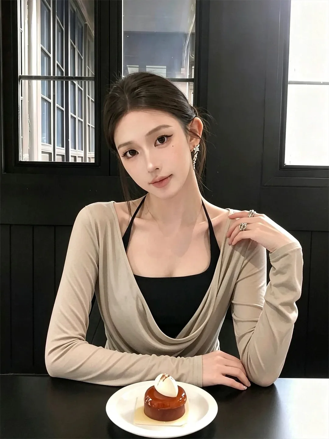 Kaki Color Long Sleeve T-Shirt Set Women's Inner Wear Neck Hanging Strap Autumn Layering Top Commute Style Slim Fit Casual