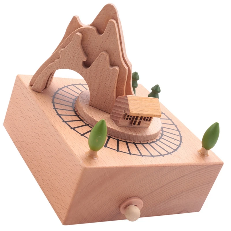 3X Wooden Musical Box Featuring Mountain Tunnel with Small Moving Magnetic Train Plays