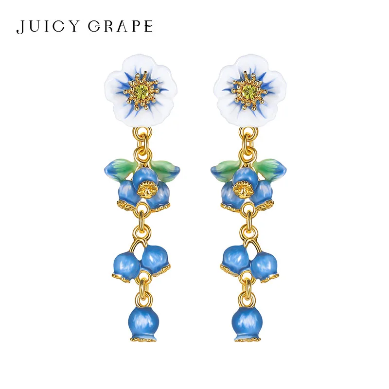 Juicy Grape  Blueberry Dangle Earrings Blueberry Flower Earrings Handmade Enamelled  Earrings 18K Gold Plated Birthday Gifts