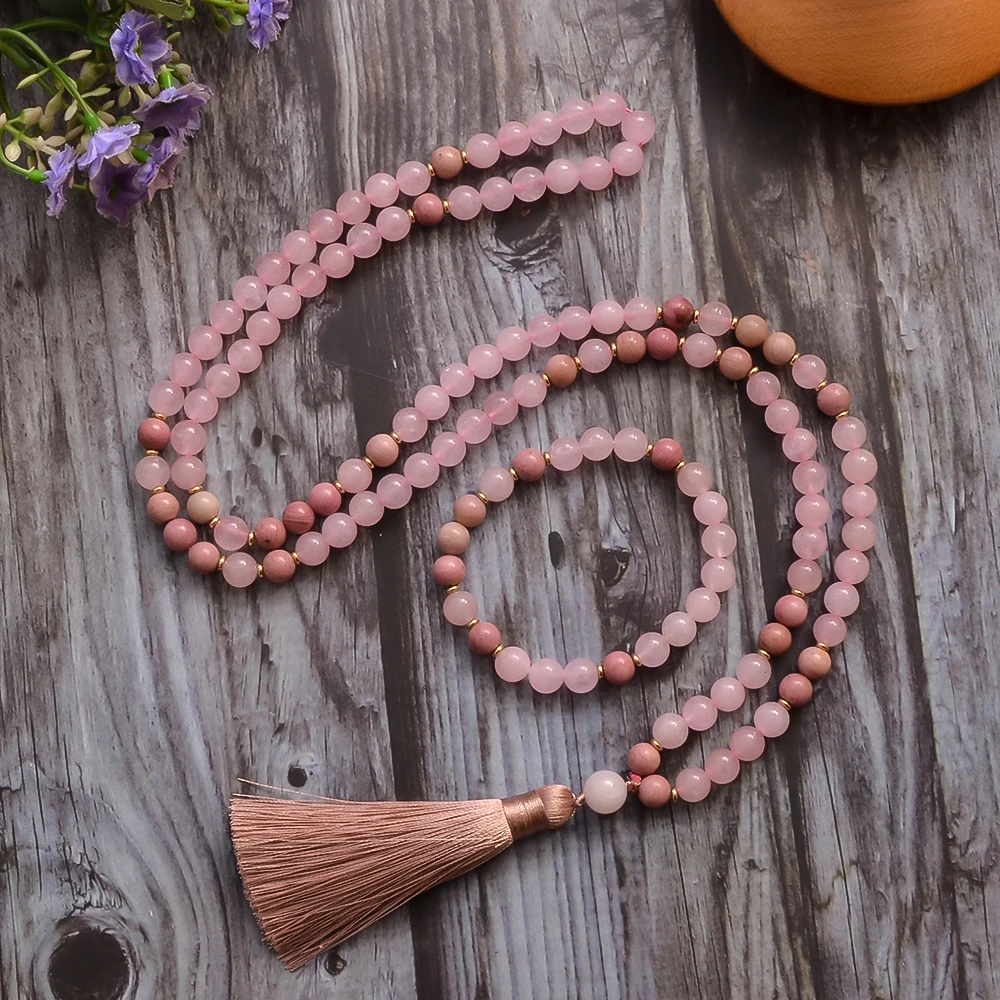 8mm Rhododenite Rose Quartz Beaded 108 Mala Necklace Meditation Yoga Prayer Jewelry with Bracelet Tassel Rosary for Women