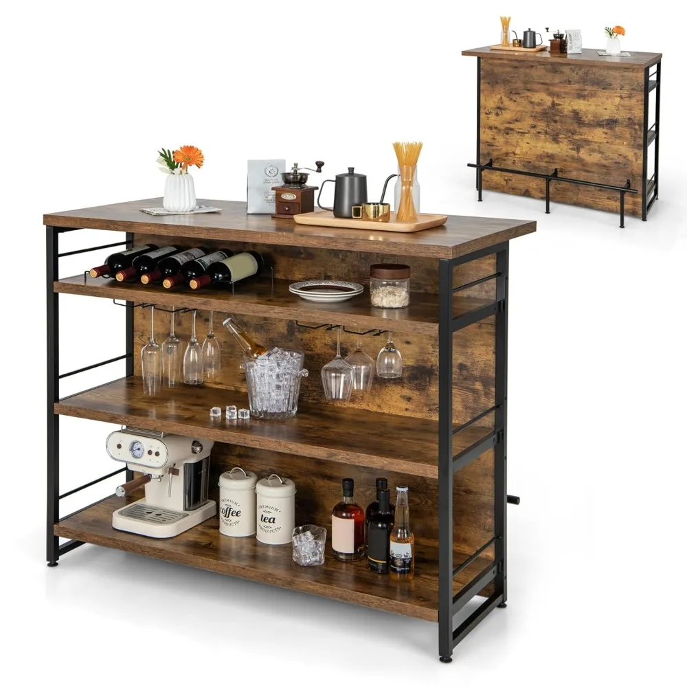 Home Bar Unit, 4 Tier Liquor Bar Table with Footrest, Wine Bottle Racks, Glass Holder, Industrial Corner, Customized