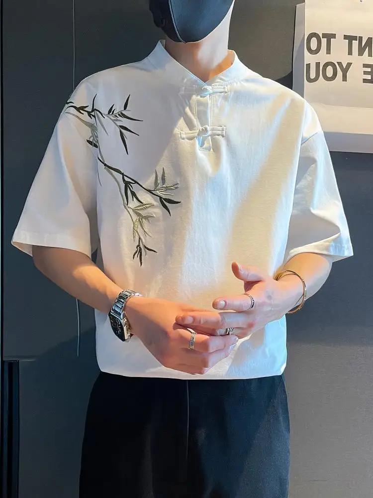 

New Chinese Sle Men's ort Sve irt Bamboo Embroidery Drapey Thin Summer Lightweight f Sve Dr irt