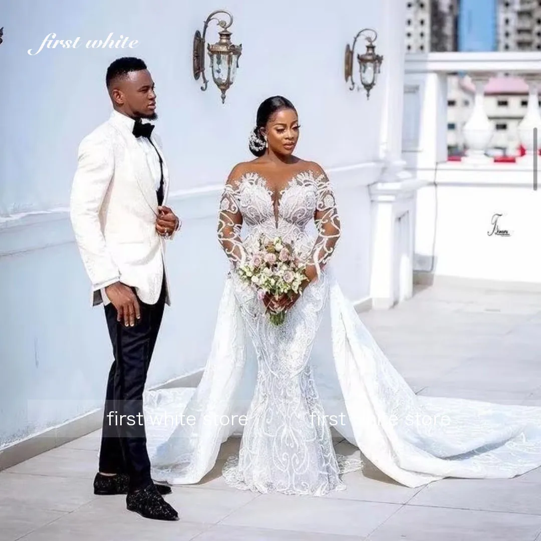 Customized Plus Size Mermaid 2025 Wedding Dress Detachable Train Beaded Lace Appliqued African Aso Ebi Bridal Gown Robe DeMariée