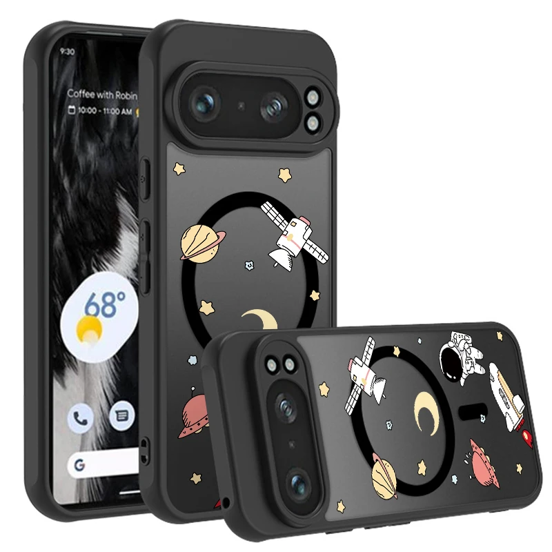 Magnetische Hülle mit Astronauten-Muster für Google Pixel 9A 8A 8 Pro 9 Pro XL 7A, stoßfeste TPU-Hybrid-PC-Telefonabdeckung für Pixel 7 8 Pro