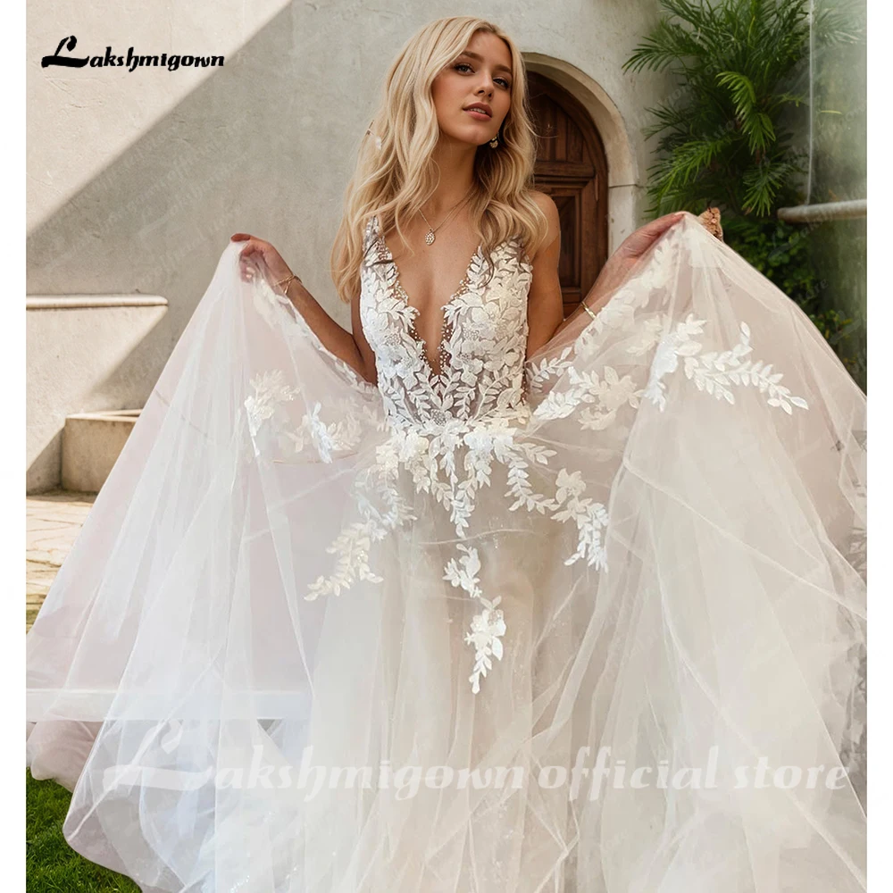 Sexy A-Linien Rückenfreies Hochzeitskleid Maßgefertigte Spitzenapplikationen Perlenbesetztes Off-White Tüll Brautkleid Trouwjurk Langes Brautkleid – Detail 8