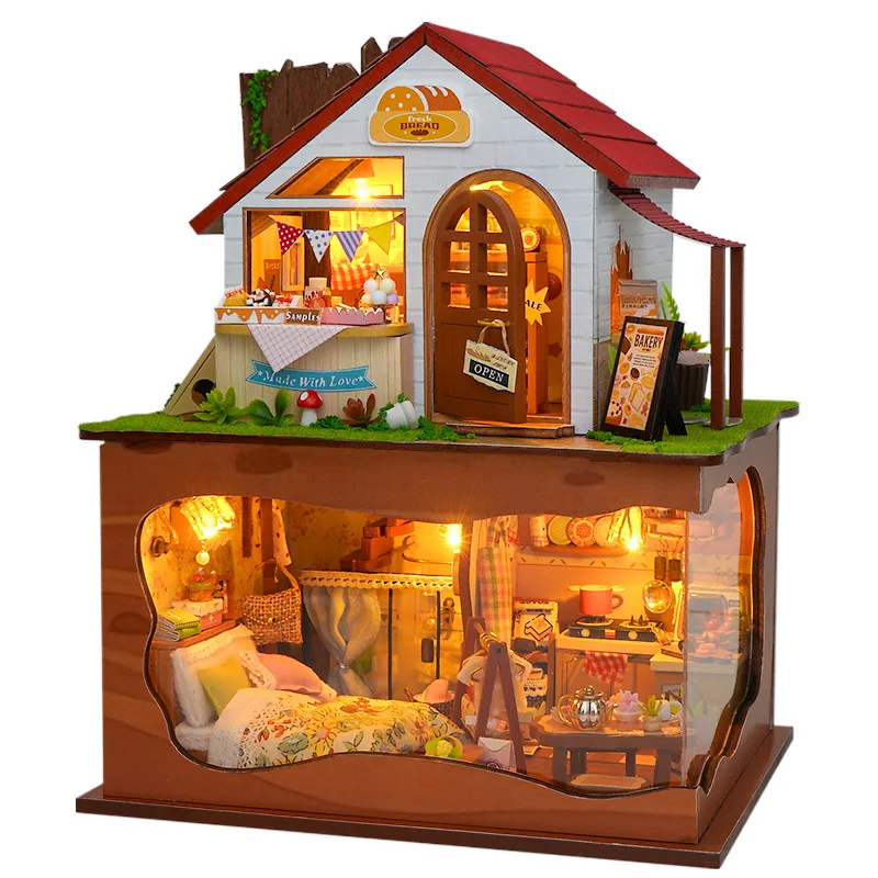 

DIY Wooden Bakery Store Casa Doll Houses Miniature Model Kits Forest Bedroom Dollhouse with Furniture for Girls Birthday Gifts
