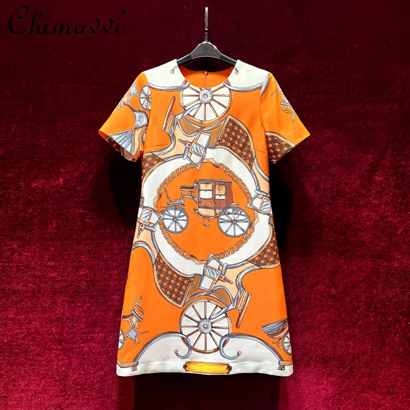 French Stunning Retro Printing Elegant Short-sleeved Loose Waist Dress 2025 New Fashion Round Neck Slim Temperament Short Dress