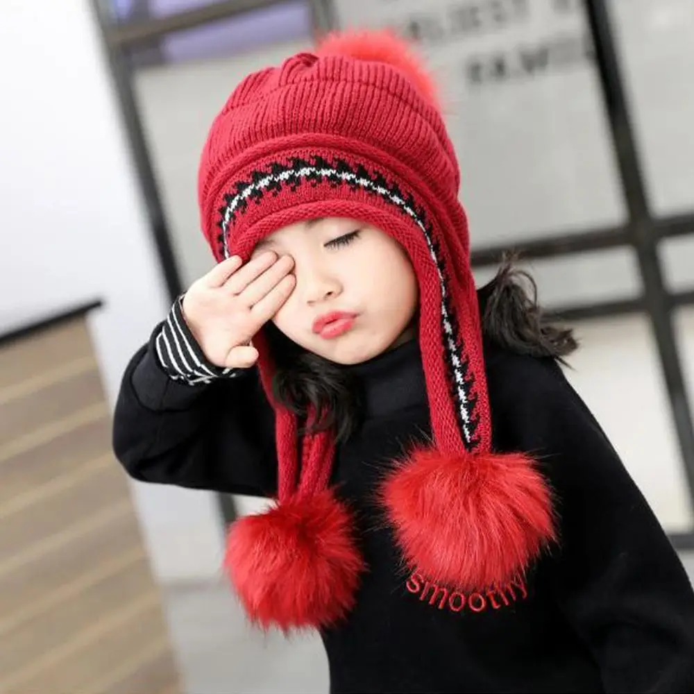 Fashion Hat Pom Pom Fur Ball Knitted Beanie Hat Autumn Winter Thickened Warm Children Hat