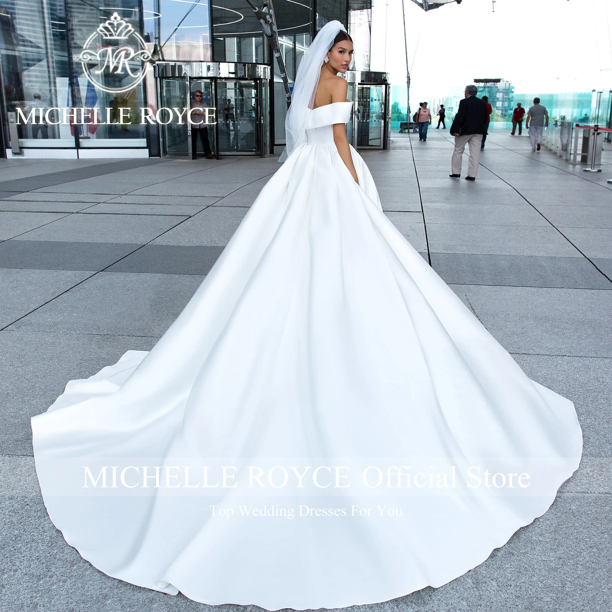 Michelle Royce Ball Gown Wedding Dresses For Women Boat Neck High-end Strapless Lace Up Satin Wedding Gown Vestidos De Novia