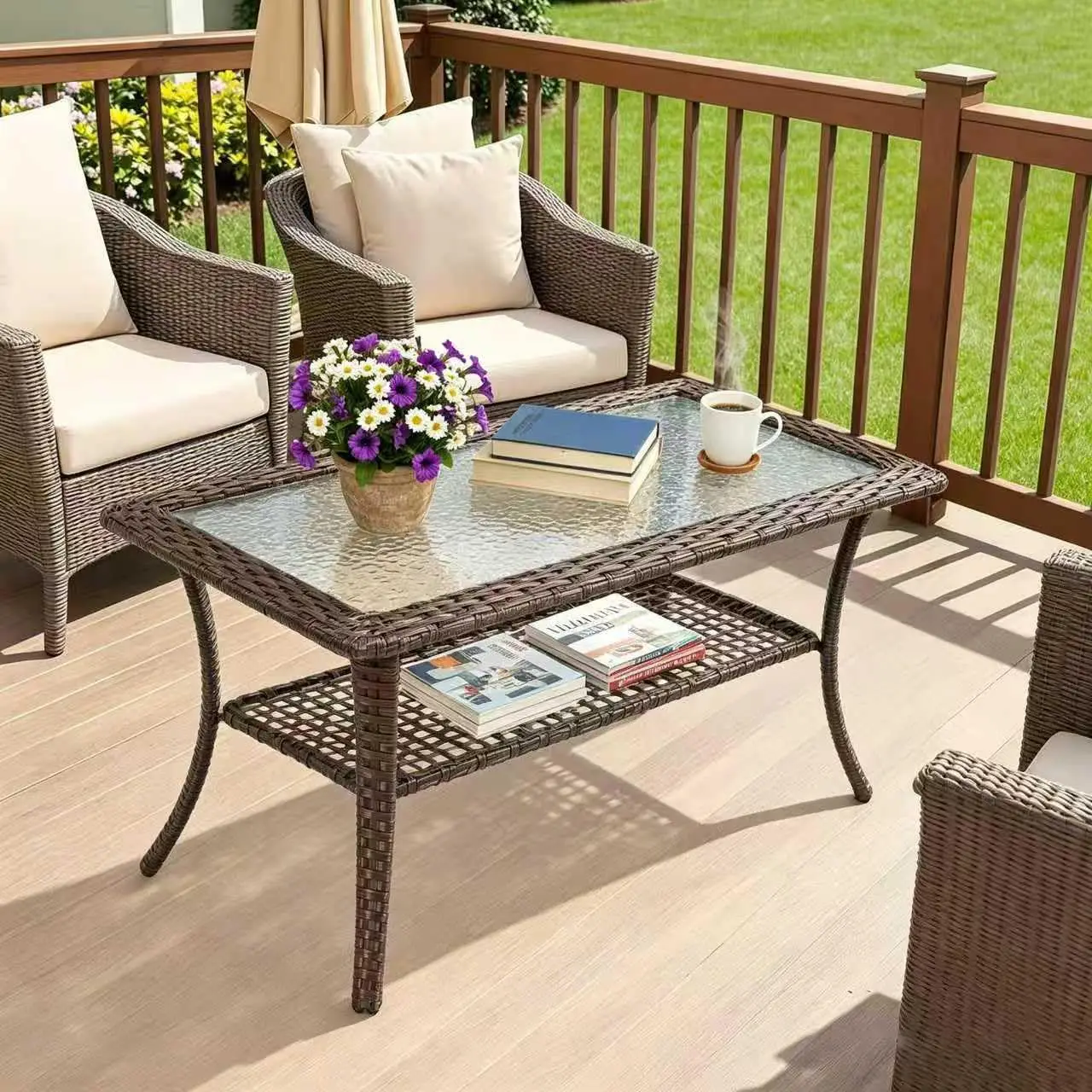Patio Rattan Wicker Coffee Table with Tempered Glass Top 2-Tier Storage for Outdoor Deck Porch Balcony Garden