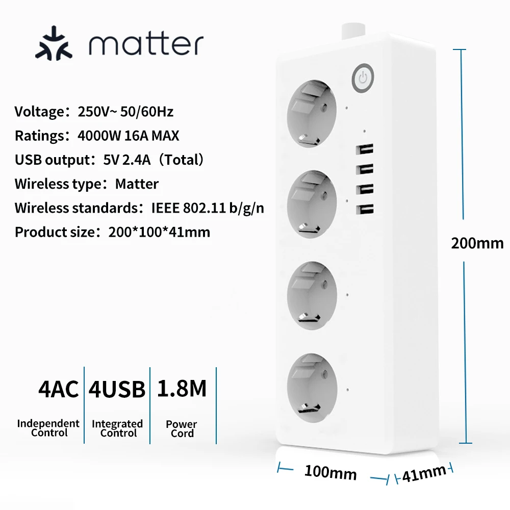 BORUIDAPLS Matter Smart Power Strip EU Plug Socket With SmartThings Apple HomeKit Siri Google Home Voice Remote Control 220V 16A