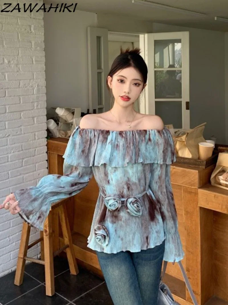 Vintage Bluse für Frauen Krawatte Dye Rüschen lose Top weibliche Flare Ärmel Slash Neck Damen bekleidung Mode entworfen Ropa Mujer