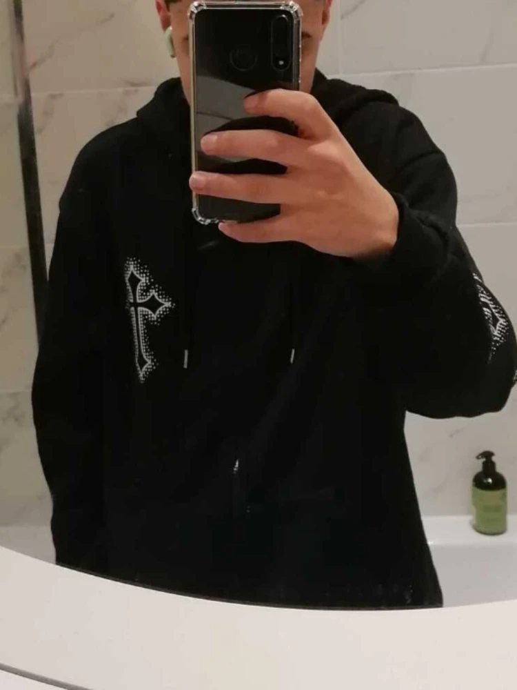 

New Personalized Trendy Hot Diamond Printed Fashion Dark Style Zipper Hoodie Sweatshirt y2k